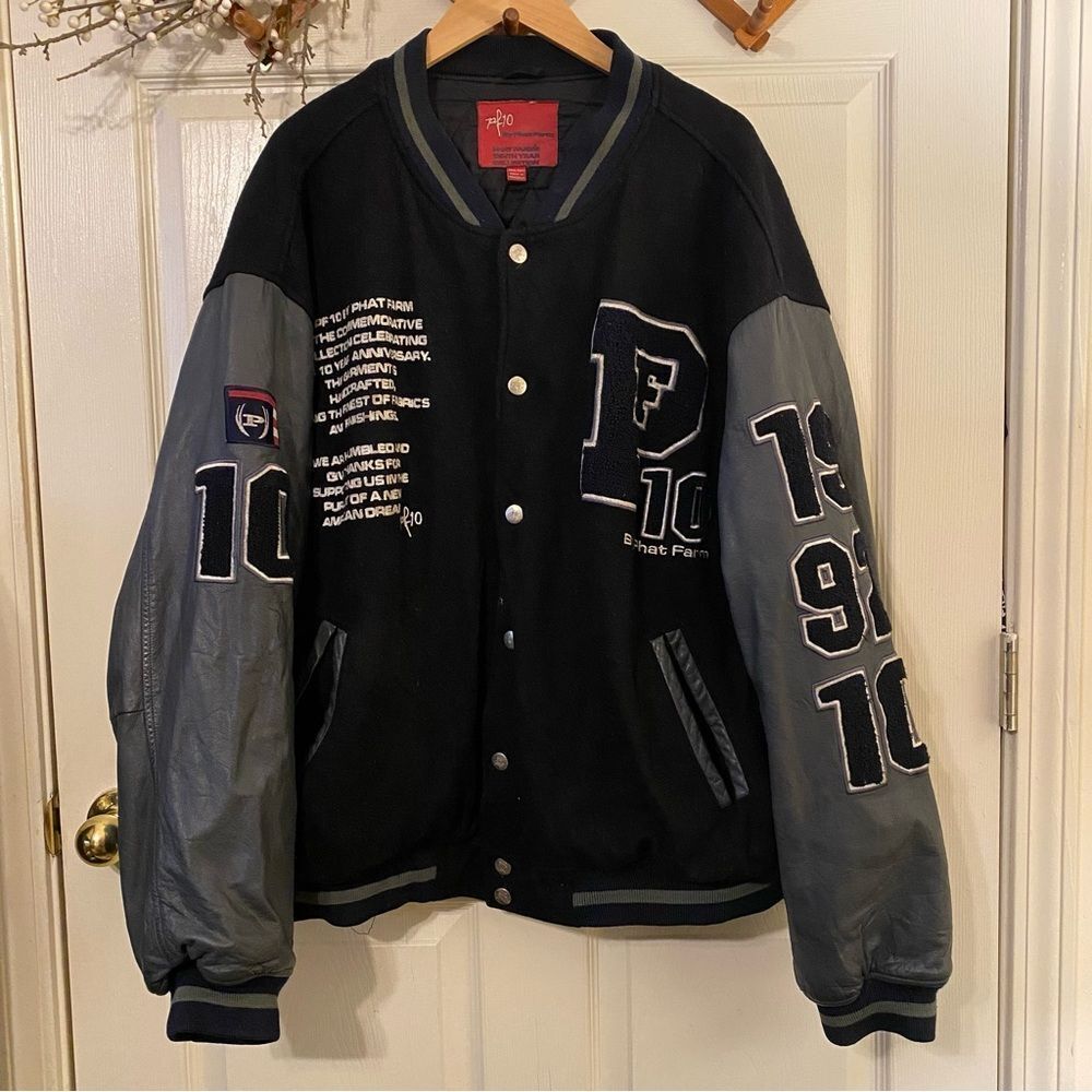 Vintage Phat Farm Leather Wool Black and Gray Varsity Jacket